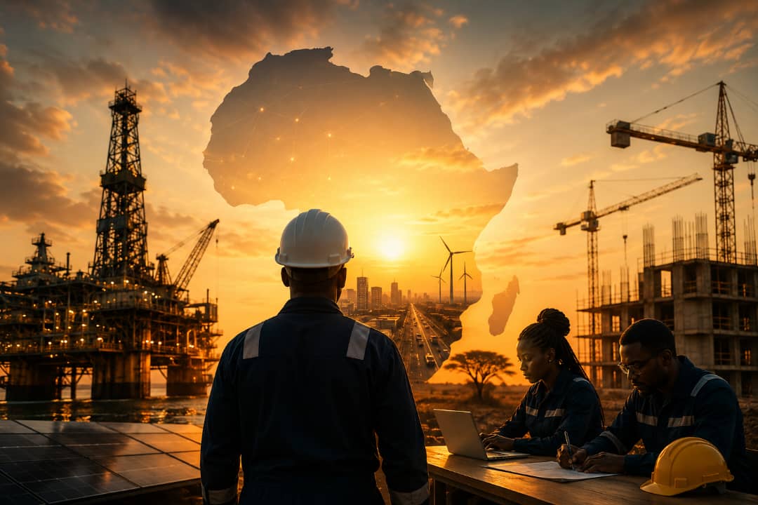 Ingénieur face à un chantier pétrolier et de construction, silhouette de l'Afrique en surimpression